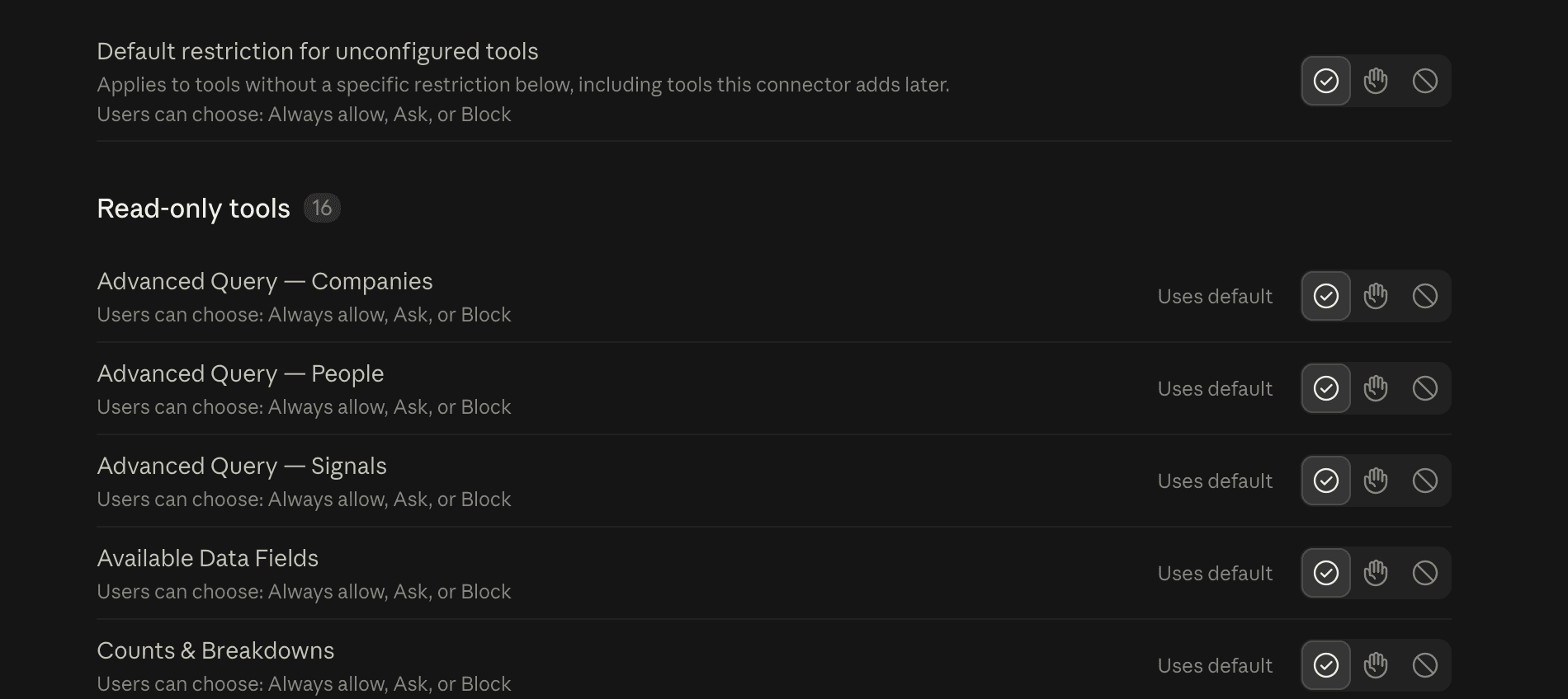 Per-tool permission settings showing Always allow, Ask and Block