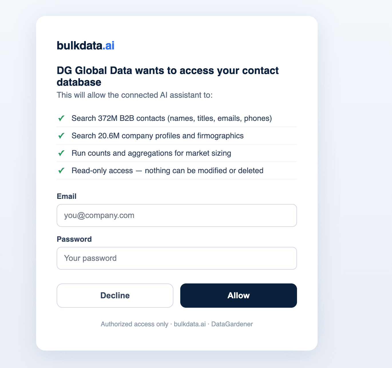 The bulkdata.ai sign-in and authorisation screen